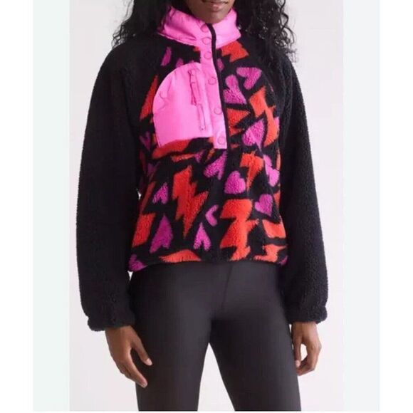 Free People Movement Rocky Ridge Fleece Pullover Jacket Small Black Pink Hearts - Picture 1 of 5